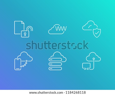 Cloud technology icon set and hosting with big data analysis, cloud security and mobile sync with cloud. Sync related cloud technology icon vector for web UI logo design.