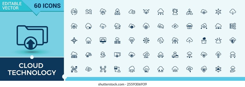 Cloud Technology icon set. Includes icons for setting, database, digital, connect, backup, internet, server and more. Outline icon. Solid line editable stroke.