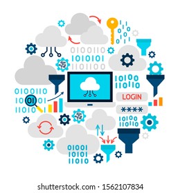 Cloud Technology Icons Circle. Vector Illustration of Computer Flat Objects isolated over White.