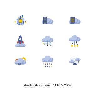 Cloud technology icons set. Artificial intelligence and cloud technology icons with connection, cloud technology and virtual machine. Set of binary for web app logo UI design.