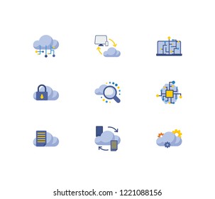 Cloud technology icons set. Artificial intelligence and cloud technology icons with machine learning, cloud computing and search. Set of development for web app logo UI design.