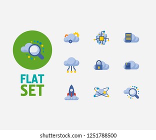Cloud technology icons set. Artificial intelligence and cloud technology icons with search, file storage and startup. Set of machine for web app logo UI design.