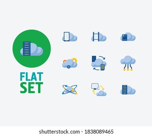 Symbole der Cloud-Technologie werden gesetzt. Big Data- und Cloud-Technologie-Symbole mit Cloud-Netzwerken, Datenübertragung und Datenspeicherung. Set von App für Web-App-Logo-UI-Design.