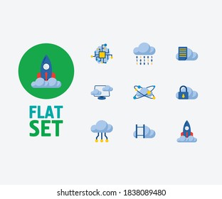 Juego de iconos de tecnología de nube. Grandes iconos de datos y tecnología en la nube con máquina virtual, inteligencia artificial y redes en la nube. Conjunto de binarios para el diseño de interfaz de usuario del logotipo de la aplicación web.