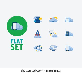 Cloud technology icons set. Blog storage and cloud technology icons with video storage, search and cloud application. Set of cellphone for web app logo UI design.