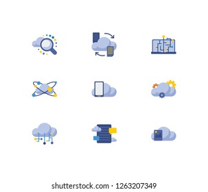 Cloud technology icons set. Machine learning and cloud technology icons with data transfer, blog storage and search. Set of phone for web app logo UI design.