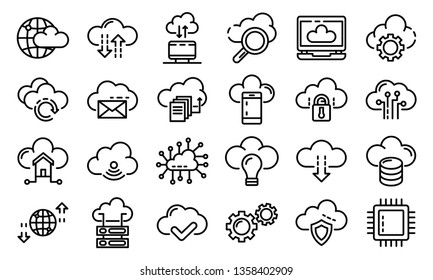 Cloud technology icons set. Outline set of cloud technology vector icons for web design isolated on white background