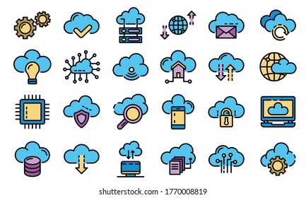 Cloud technology icons set. Outline set of cloud technology vector icons thin line color flat on white