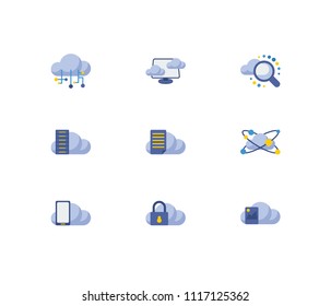 Cloud technology icons set. Search and cloud technology icons with file storage, cloud connection and cloud application. Set of hosting for web app logo UI design.