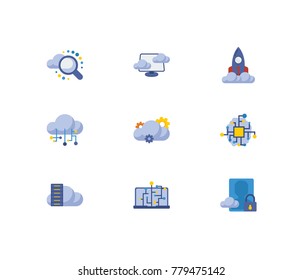 Cloud technology icons set with cloud technology, secure account and artificial intelligence. Set of cloud technology icons also including internet sign for your web app logo UI design.