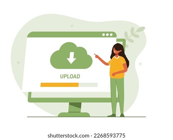 Cloud technology illustration concept. People exchanging files via Internet. Cloud service, online data storage and transfer, information backup. Modern flat vector illustration.