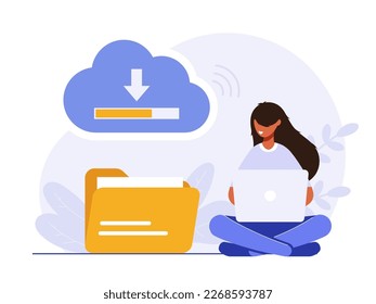 Cloud technology illustration concept. People exchanging files via Internet. Cloud service, online data storage and transfer, information backup. Modern flat vector illustration.