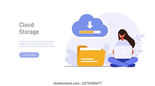Cloud technology illustration concept. People exchanging files via Internet. Cloud service, online data storage and transfer, information backup. Modern flat vector illustration.