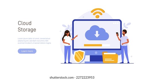 Concepto de ilustración de tecnología de nube. Personas intercambiando archivos a través de Internet. Servicio en la nube, almacenamiento y transferencia de datos en línea, respaldo de información. Ilustración vectorial plana moderna.