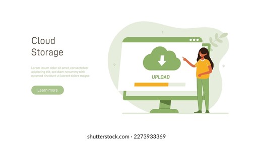Cloud technology illustration concept. People exchanging files via Internet. Cloud service, online data storage and transfer, information backup. Modern flat vector illustration.