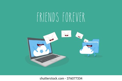 Cloud technology illustration. Downloading mail from the cloud folder. Vector cartoon. Friends forever. Comic characters. Use for card, poster, banner, web design and print on t-shirt. Easy to edit.