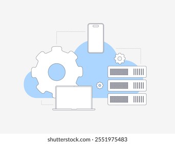 Ilustração da tecnologia de nuvem com servidores, redes e dispositivos móveis. Computação em nuvem, armazenamento de dados, colaboração on-line e infraestrutura empresarial digital. Isolado em design de vetor plano branco