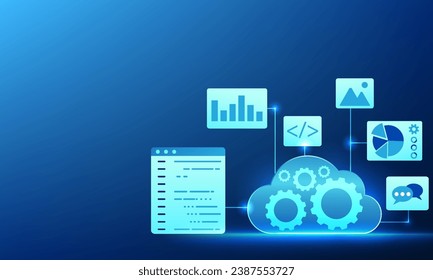 La tecnología de nube de dentro tiene engranajes junto con una pantalla que muestra códigos de comandos, gráficos e iconos.  Software conectado al sistema cloud. Hay órdenes de trabajo industrial.