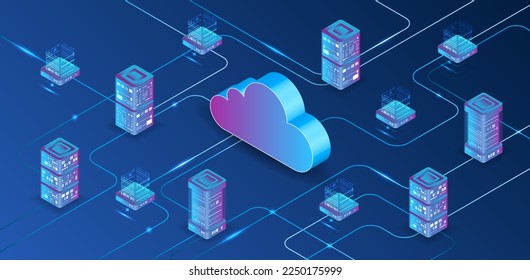 Cloud technology isometric background. Computer technology, server room, and equipment for internet networks. Data cloud storage technology. Database and data center vector illustration.