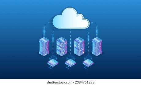 Cloud technology isometric background. Computer technology, server room, and equipment for internet networks. Data cloud storage technology. Database and data center vector illustration.