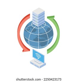 Cloud technology isometric composition with isolated icons of storage protection and data synchronization vector illustration