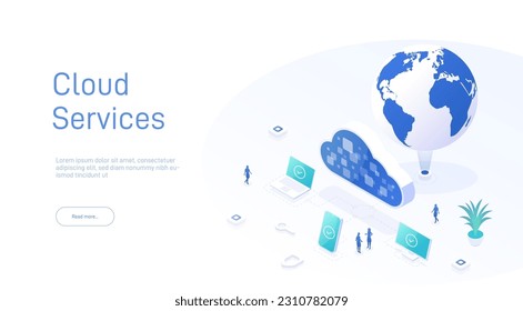 Isoometrisches Konzept der Cloud-Technologie. Cloud-Computing. Online-Geräte hochladen, Informationen herunterladen. Daten in der Datenbank zu Cloud-Diensten. Moderne 3D-Vektorgrafik der Webseite.