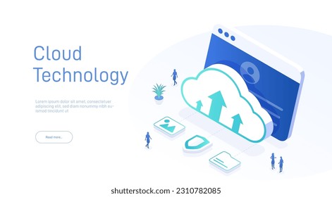 Cloud technology isometric concept. Cloud computing. Online devices upload, download information. Data in database on cloud services. Modern 3d vector illustration of web page.