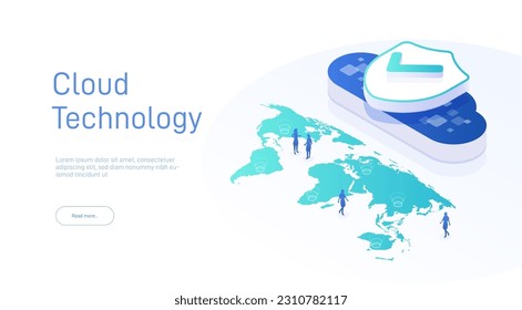 Isoometrisches Konzept der Cloud-Technologie. Cloud-Computing. Online-Geräte hochladen, Informationen herunterladen. Daten in der Datenbank zu Cloud-Diensten. Moderne 3D-Vektorgrafik der Webseite.