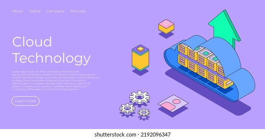 Cloud technology isometric landing page. Server connection concept. Files upload service. Cloud technology. computing. Devices connected to digital storage in data center via internet