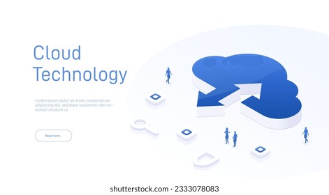 Cloud technology. Isometric cloud storage sign with two arrows up and down. Cloud computing, big data center, future infrastructure, digital ai concept. Virtual hosting symbol. 3d vector illustration