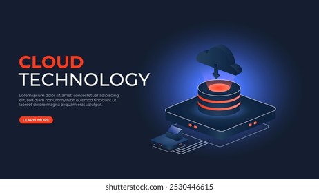 Cloud technology isometric vector illustration. concept of downloading data from cloud storage. good for websites, banner and landing pages.