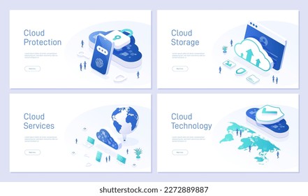 Cloud technology landing page template set. Secure storage and access to data from any device. Synchronization and backup. Can be used for web banners. Isometric modern vector illustration collection.