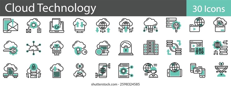 Cloud Technology Line Icons Set. Collection of 30 outline icons representing cloud computing, data storage, and online services. vector illustration.