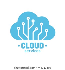 Cloud technology logo, simple cloud silhouette wit circuit board pattern. Digital storage and computing service concept. Vector illustration.