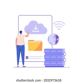 Cloud technology. Man storing data on cloud server. Concept of cloud computing, online database, web hosting, web data center.  Vector illustration for web banner, infographics, mobile app