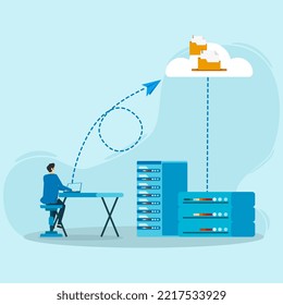 Cloud technology. Man storing data on cloud server. Cloud computing concept, web hosting, web data center, online database. Vector illustration for web banner, infographic, mobile app