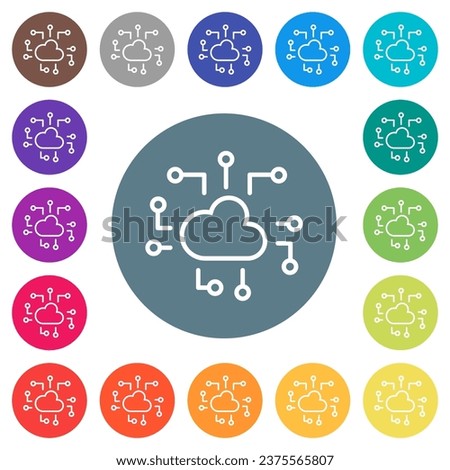 Cloud technology outline flat white icons on round color backgrounds. 17 background color variations are included.
