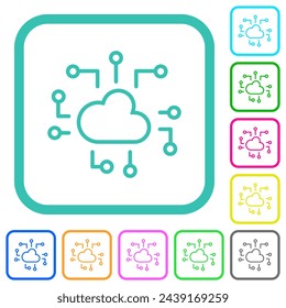 Cloud technology outline vivid colored flat icons in curved borders on white background