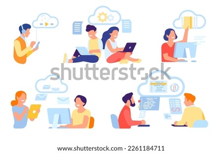 Cloud technology with people and business team. Information storage service. Wireless connection. Digital computing. Data transfer. Phone or computer info storage. Vector