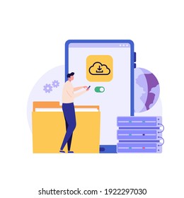 Cloud technology. People storing data on cloud server. Concept of cloud computing, online database, web hosting, web data center.  Vector illustration for web banner, infographics, mobile app