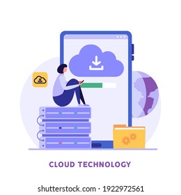 Cloud technology. People storing data on cloud server. Concept of cloud computing, online database, web hosting, web data center.  Vector illustration for web banner, infographics, mobile app