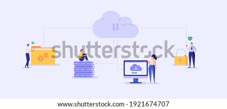 Cloud technology. People storing data on cloud server. Concept of cloud computing, online database, web hosting, web data center.  Vector illustration for web banner, infographics, mobile app