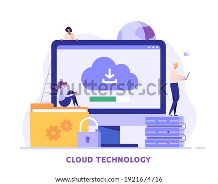 Cloud technology. People storing data on cloud server. Concept of cloud computing, online database, web hosting, web data center.  Vector illustration for web banner, infographics, mobile app