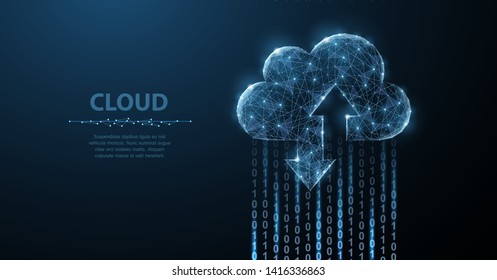 Cloud technology. Polygonal wireframe cloud storage sign with two arrows up and down on dark blue with dots, stars. Cloud computing, big data Concept illustration or background