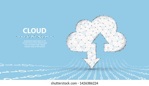 Cloud technology. Polygonal wireframe cloud storage sign with two arrows up and down on dark blue with dots, stars. Cloud computing, big data Concept illustration or background