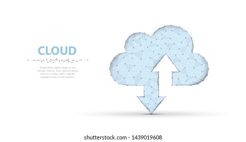 Cloud technology. Polygonal wireframe cloud storage sign with two arrows up and down on dark blue with dots, stars. Cloud computing, big data Concept illustration or background