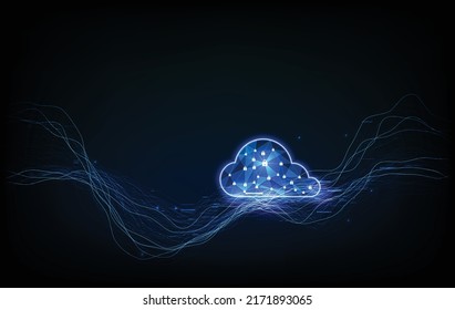 Cloud technology. Polygonal wireframe cloud storage sign with on dark blue. Cloud computing, big data center, future infrastructure, digital ai concept. Virtual hosting symbol