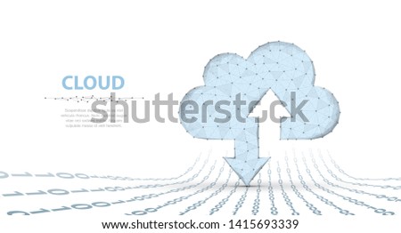 Cloud technology. Polygonal wireframe cloud storage sign with two arrows up and down on dark blue with dots, stars. Cloud computing, big data Concept illustration or background