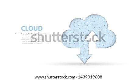 Cloud technology. Polygonal wireframe cloud storage sign with two arrows up and down on dark blue with dots, stars. Cloud computing, big data Concept illustration or background