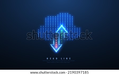 Cloud technology. Polygonal wireframe cloud storage sign with two arrows up and down on dark blue. Cloud computing, big data center, future infrastructure, digital ai concept. Virtual hosting symbol